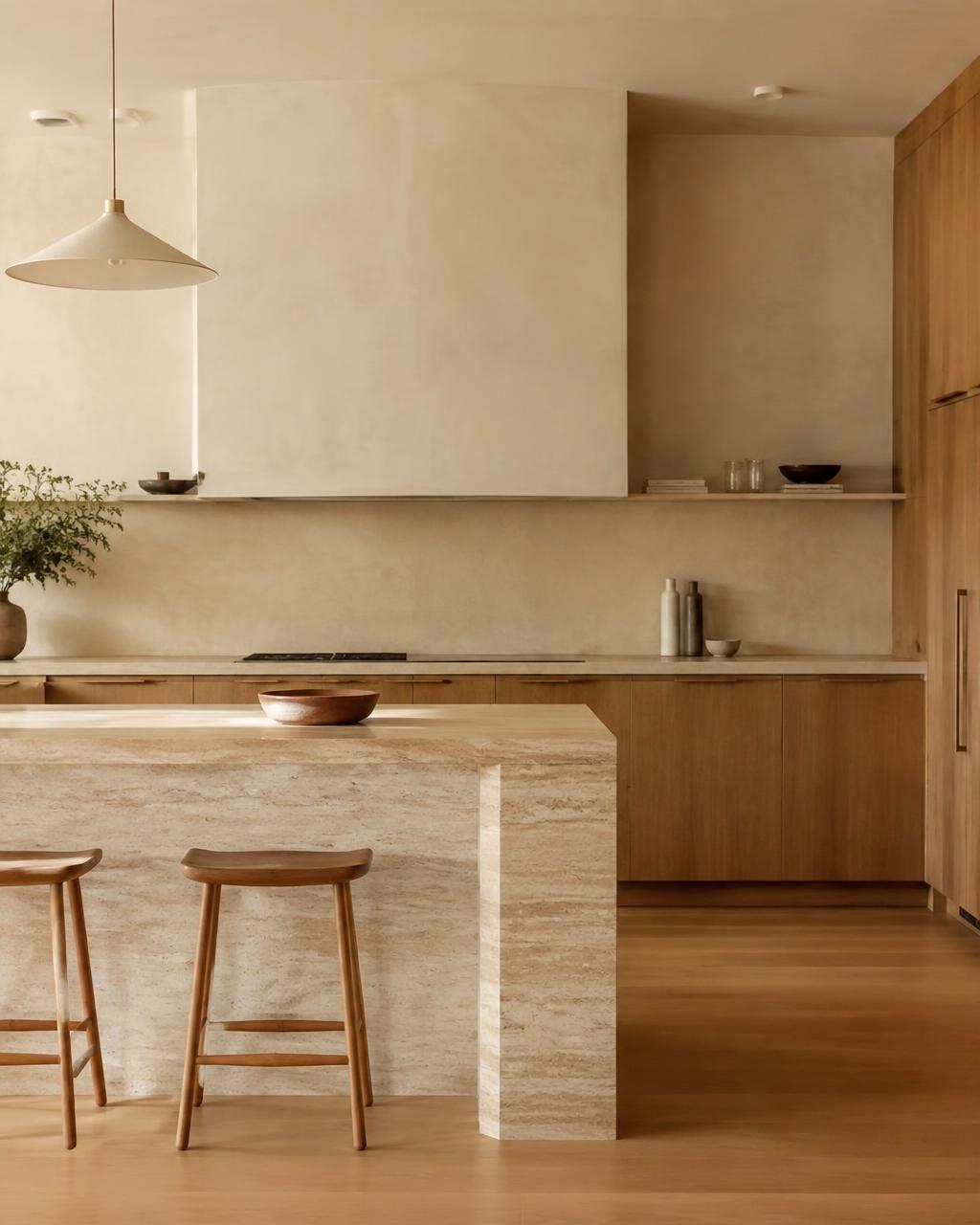Cuisine en bois et pierre, lumière naturelle